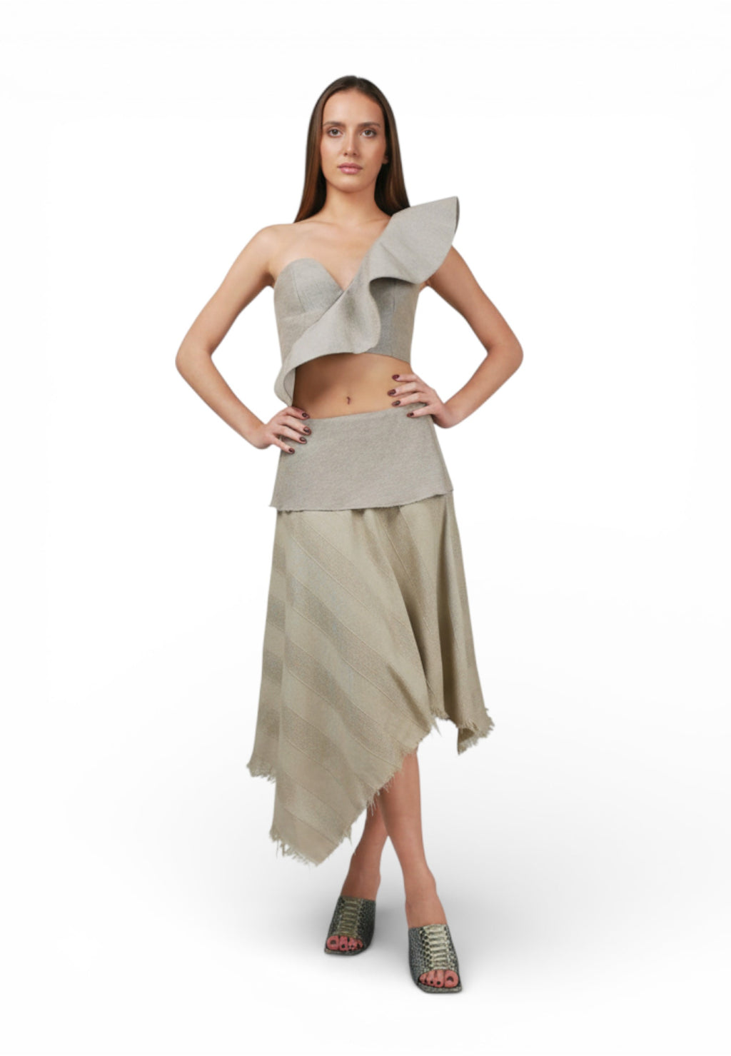 Top Volante Un Hombro Gris/Beige