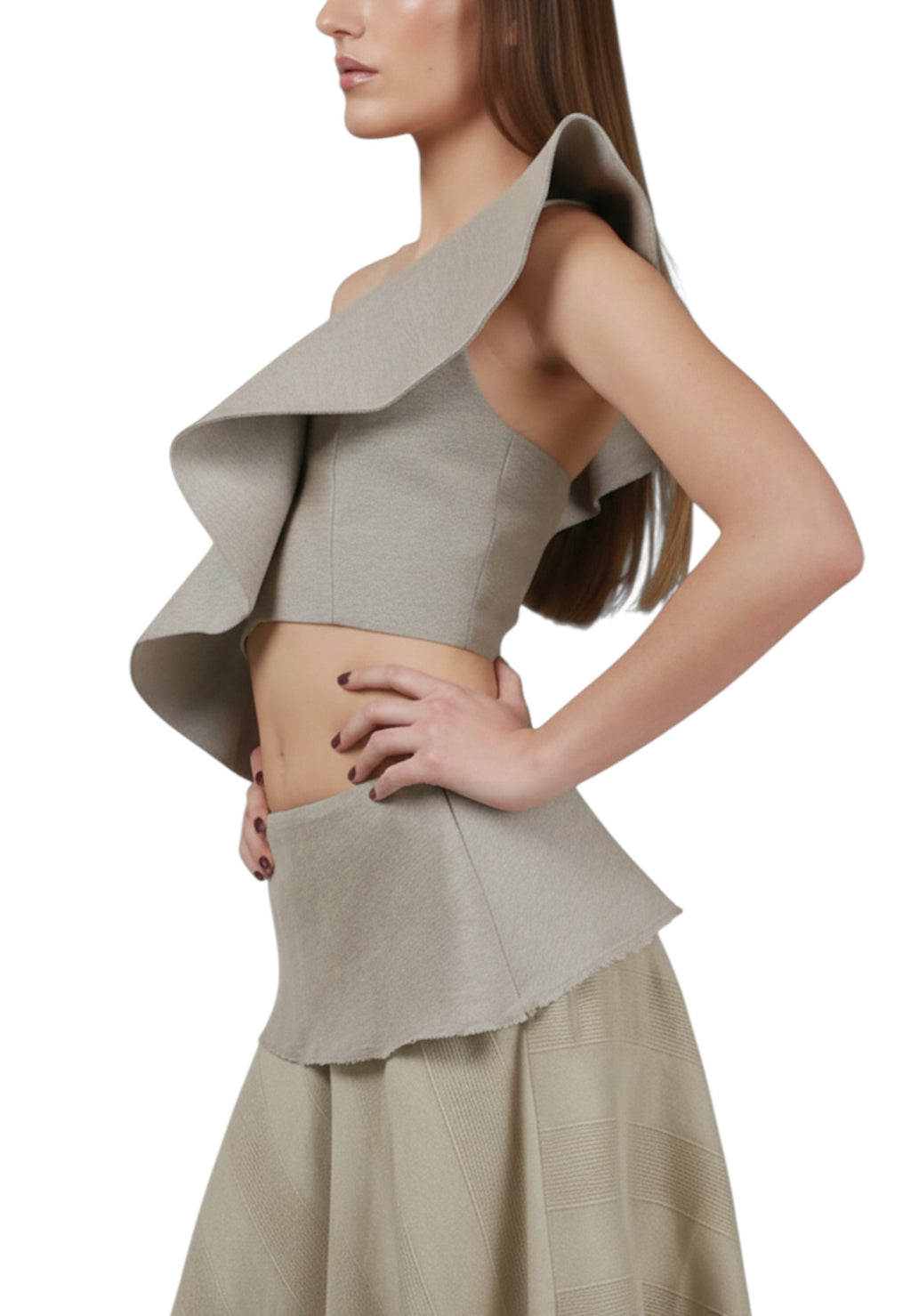 Top Volante Un Hombro Gris/Beige