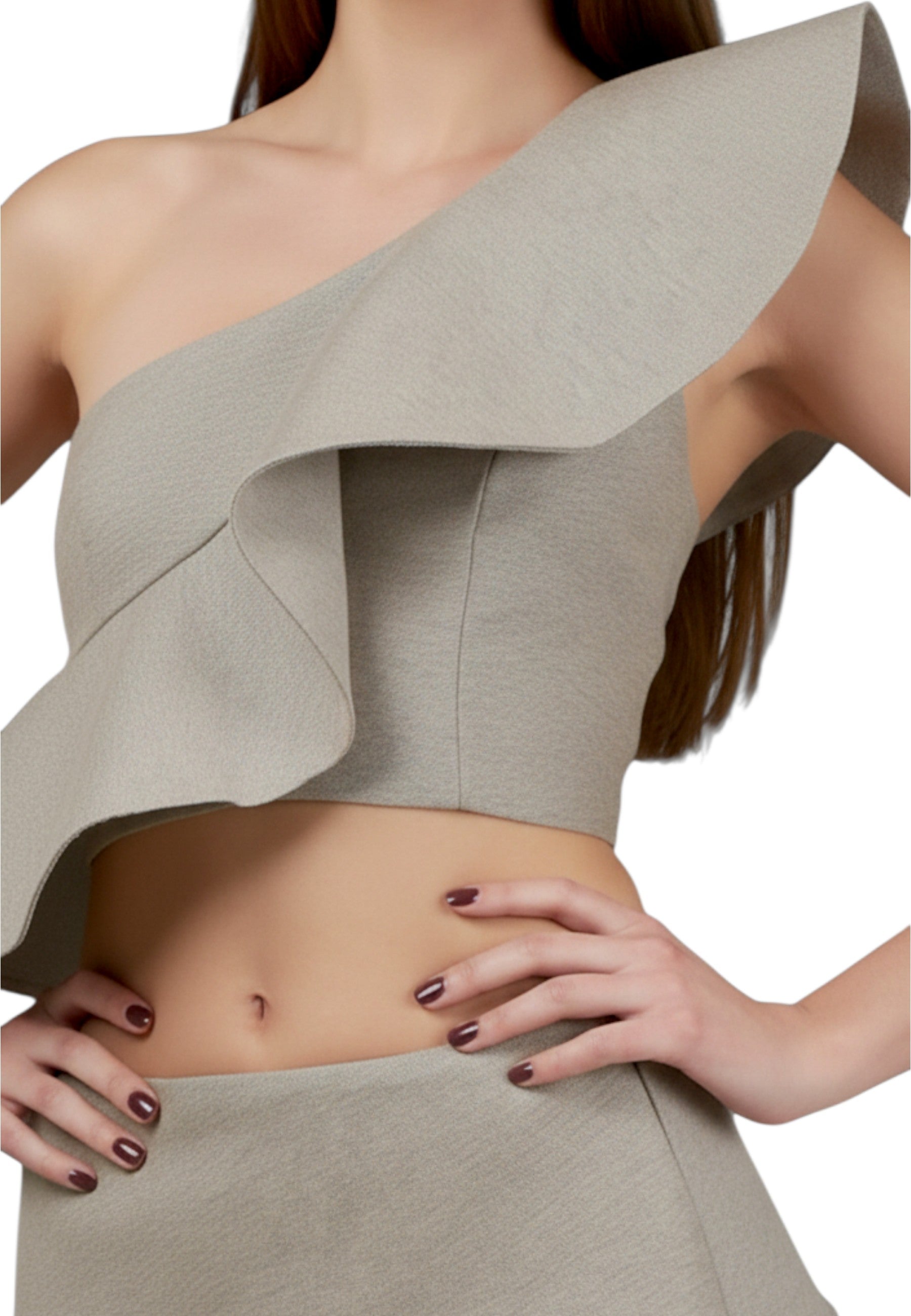 Top Volante Un Hombro Gris/Beige