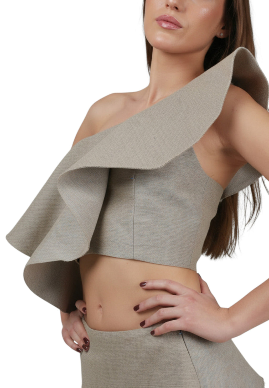 Top Volante Un Hombro Gris/Beige