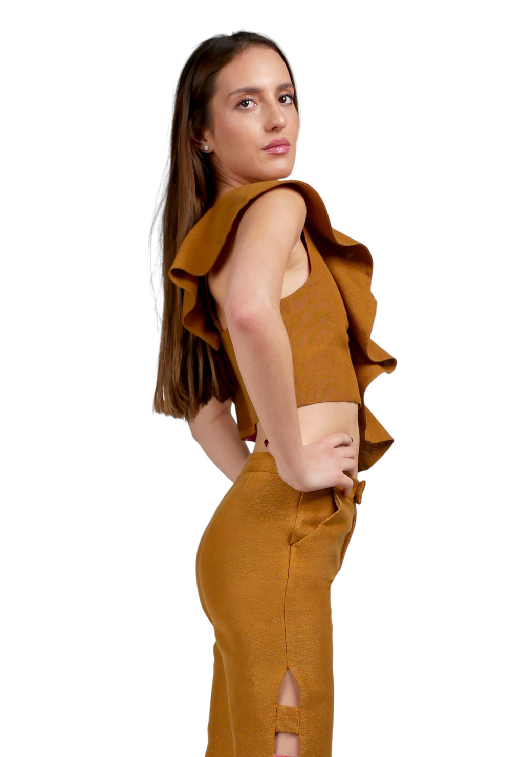 Top Volante Un Hombro Gris/Beige